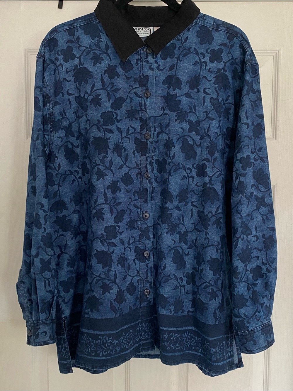 Vintage New Look Blue Floral Denim Button-Down Shirt Top Women’s Large Cottage
